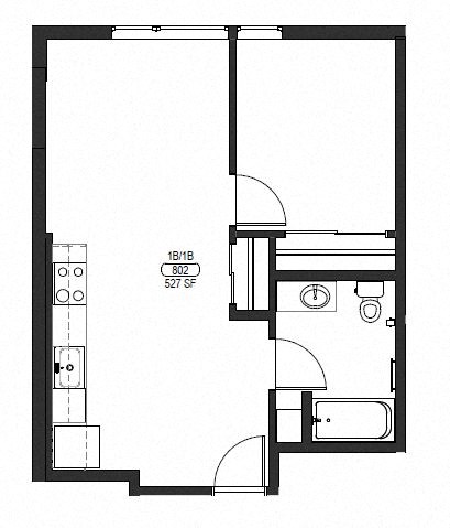 Floor plan for 1 bed, 1 bath, 529 sqft